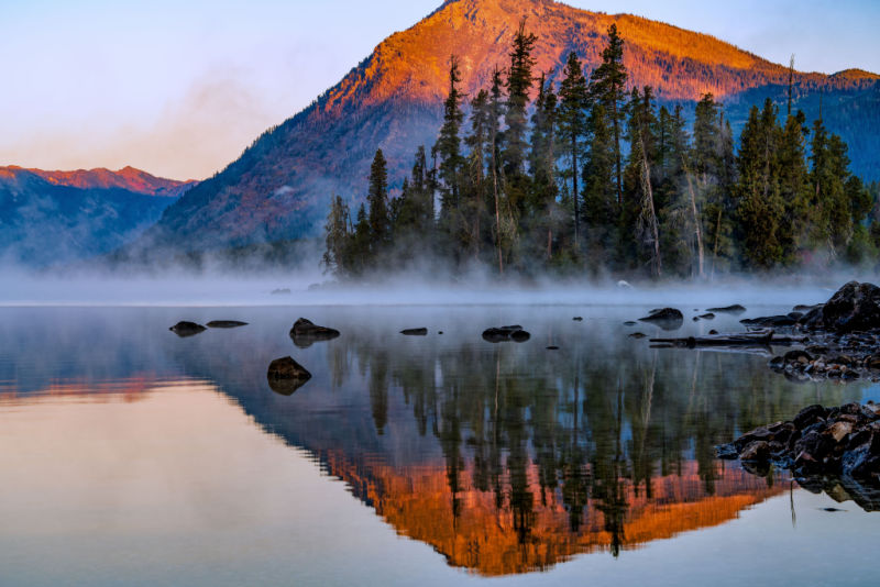 A stunning view of Dirtyface Peak in the background at Lake Wenatchee State Park.