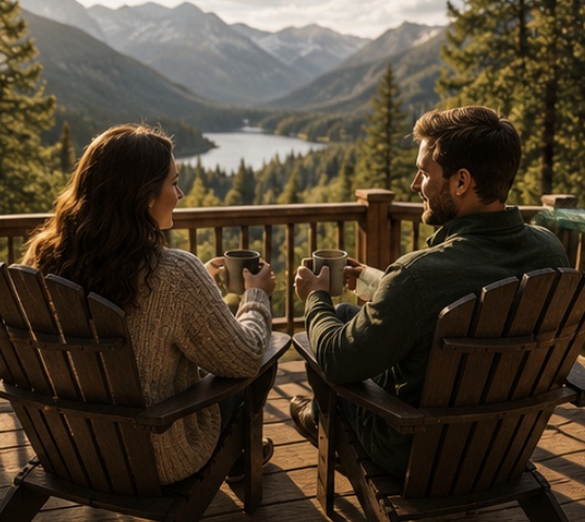 Couple relaxing together during a cozy mountain getaway
