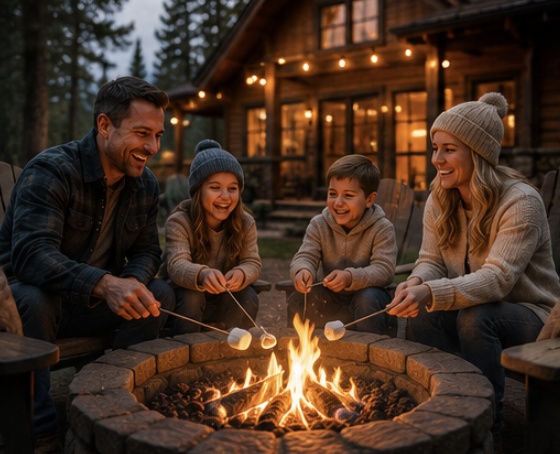 Family enjoying meaningful time together around a cabin fire pit