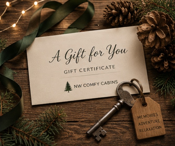 NW Comfy Cabins gift certificate presented with a ribbon and cabin key