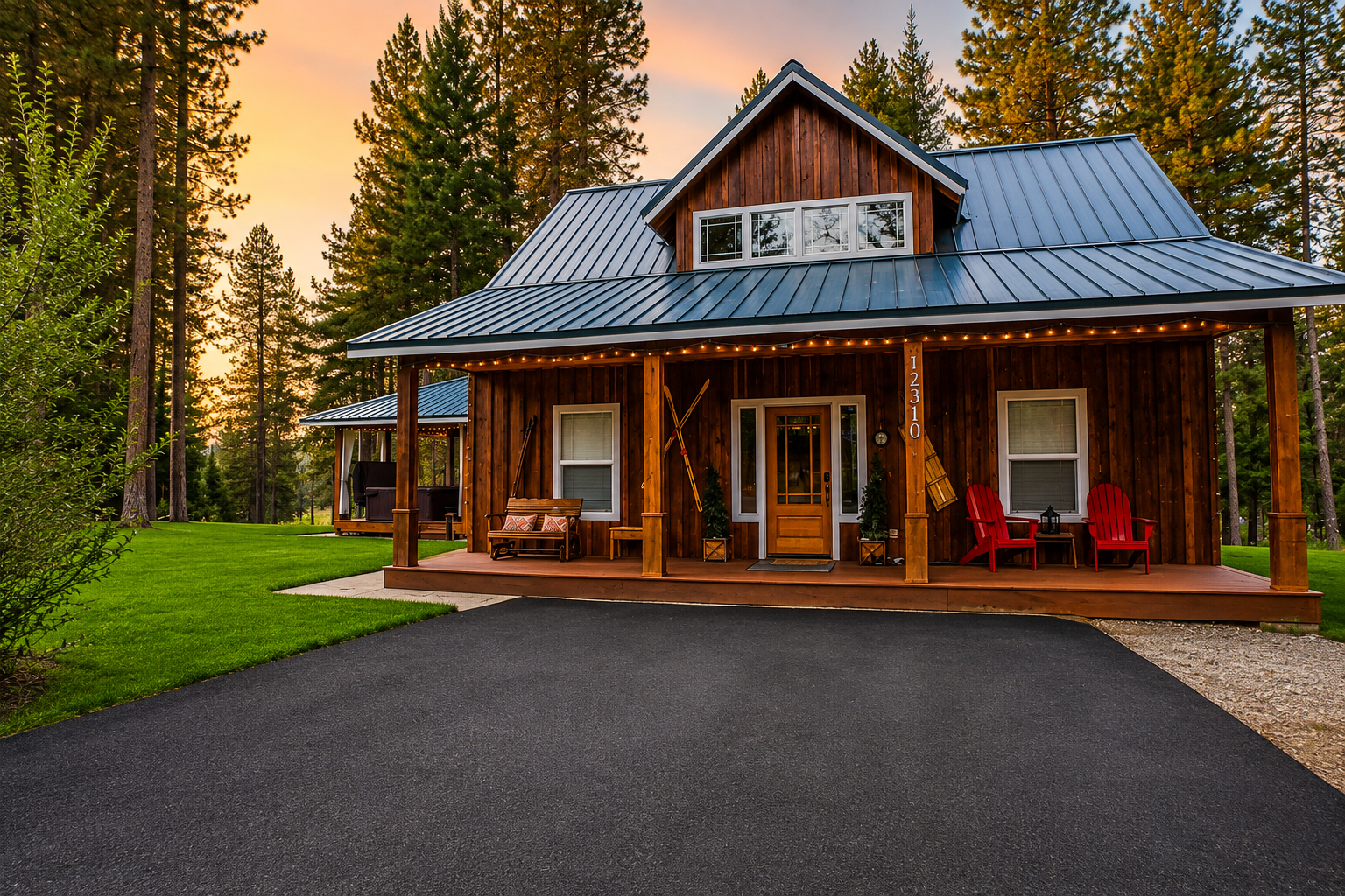 Covered porch overlooking the woods at Meadow Wood Lodge
