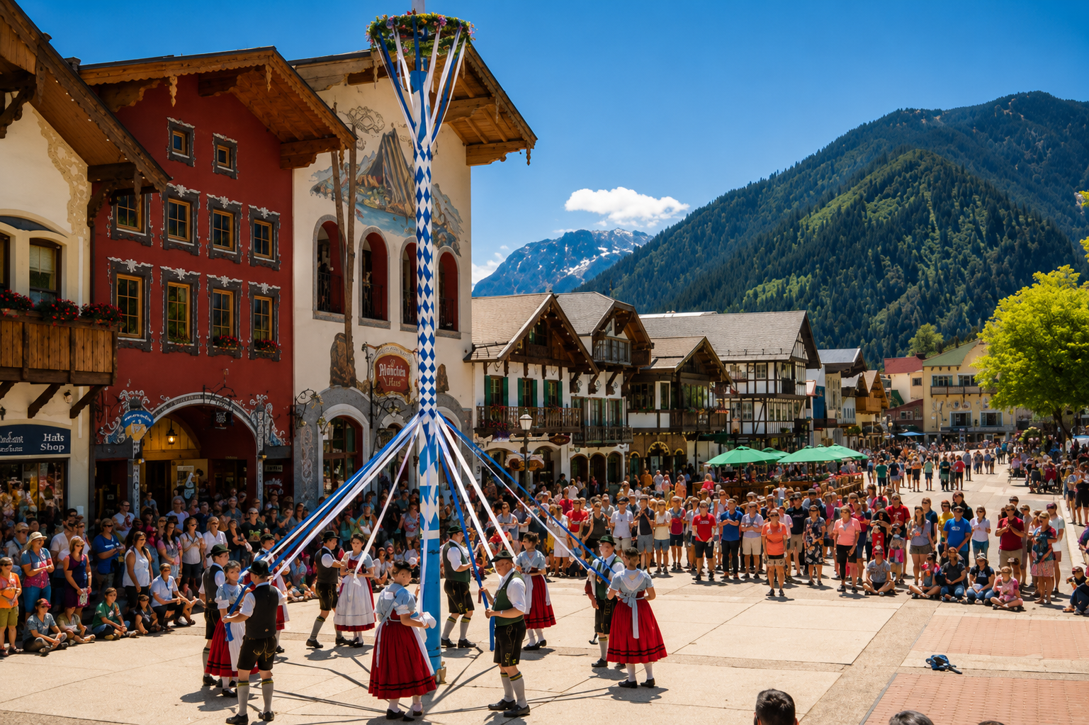Traditional Maifest maypole celebration in downtown Leavenworth