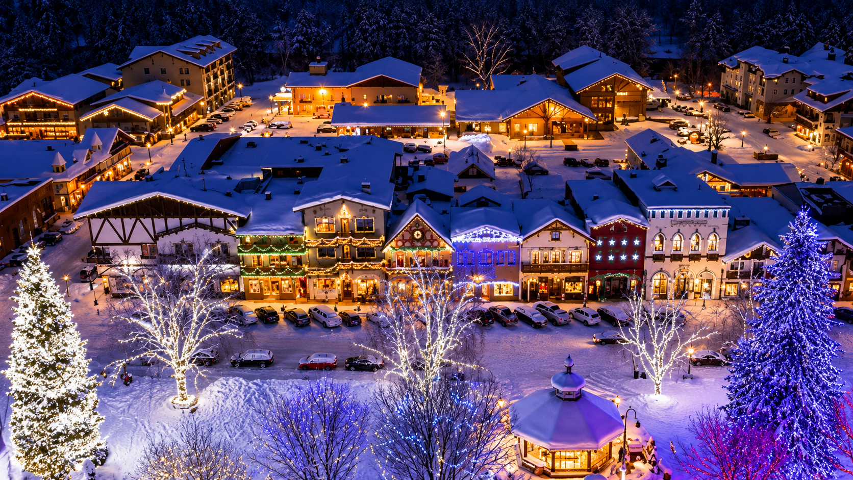 Snow-covered downtown Leavenworth illuminated during the Village of Lights