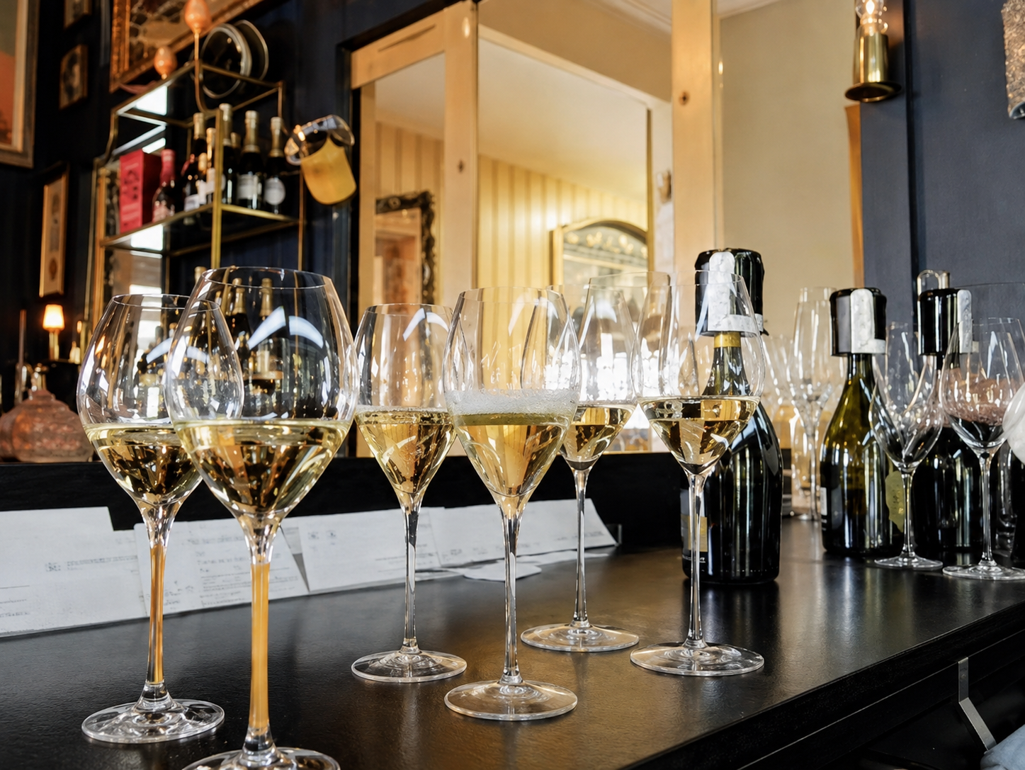 A flight of Champagne in an elegant tasting room