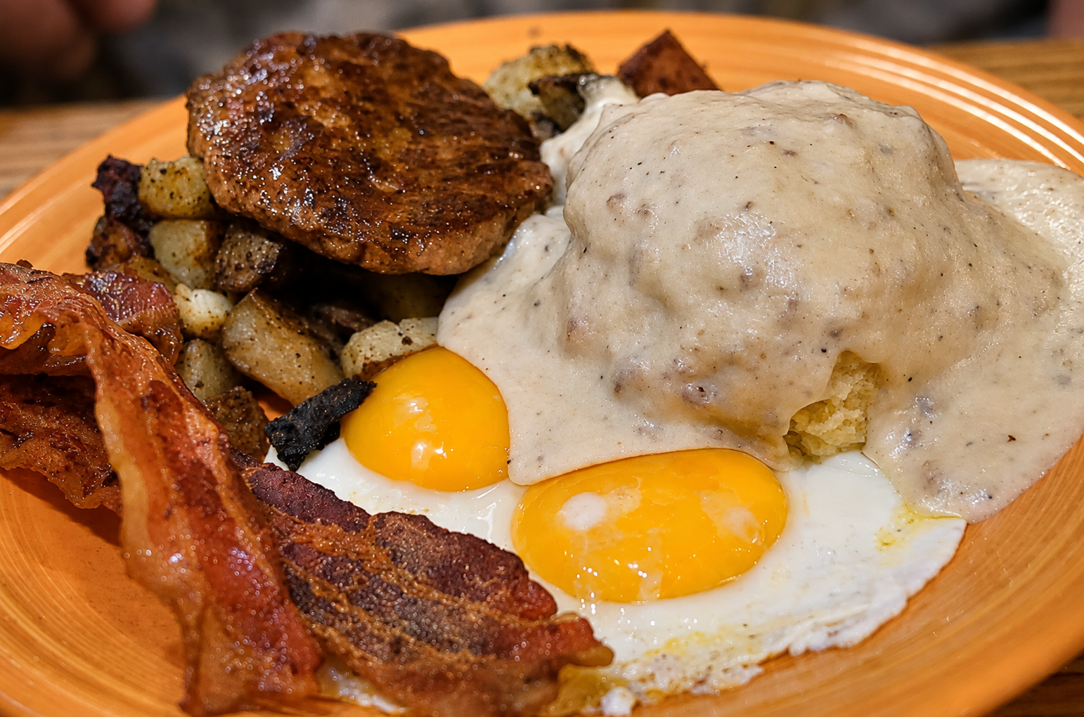 Leavenworth breakfast with eggs, bacon and biscuits